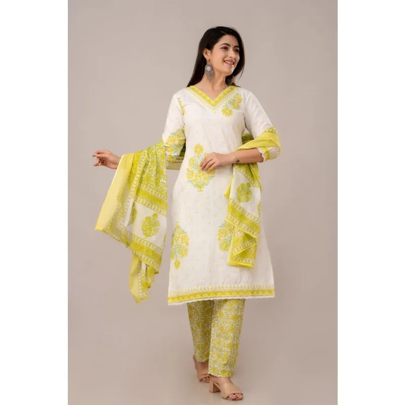 Women Printed Kurti Palazzo with Dupatta Set Indian Wedding Salwar Kameez Suit