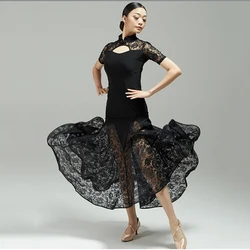 Black New Ballroom Dance Competition Dresses Women Lace Modern Dance Costumes National Standard Waltz Dance Clothes Short Sleeve