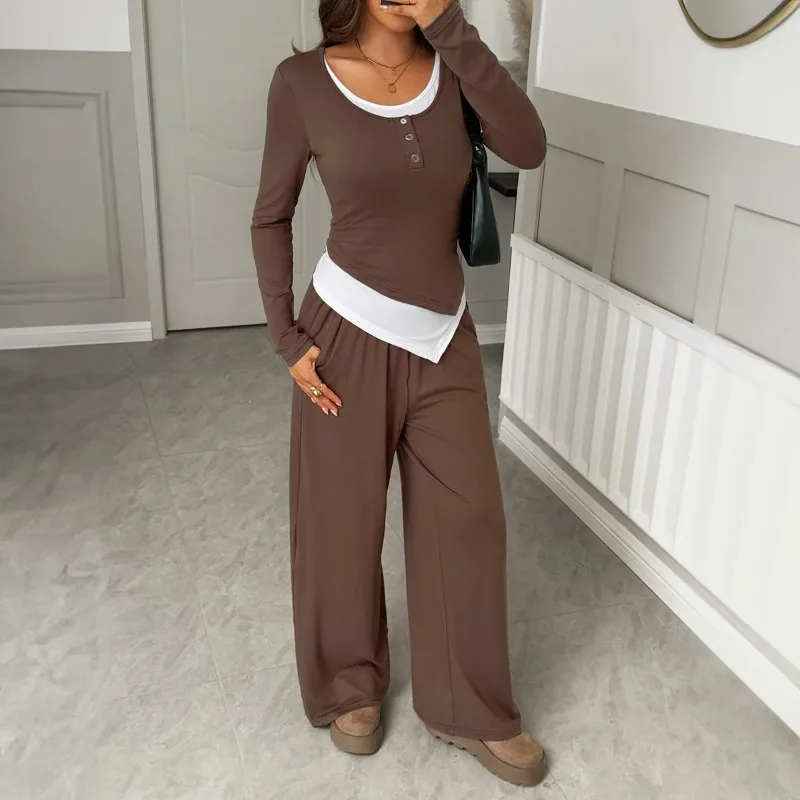 2026 autumn and winter wide leg pants set, women's long sleeved multi occasion sportswear, commuting hot selling item