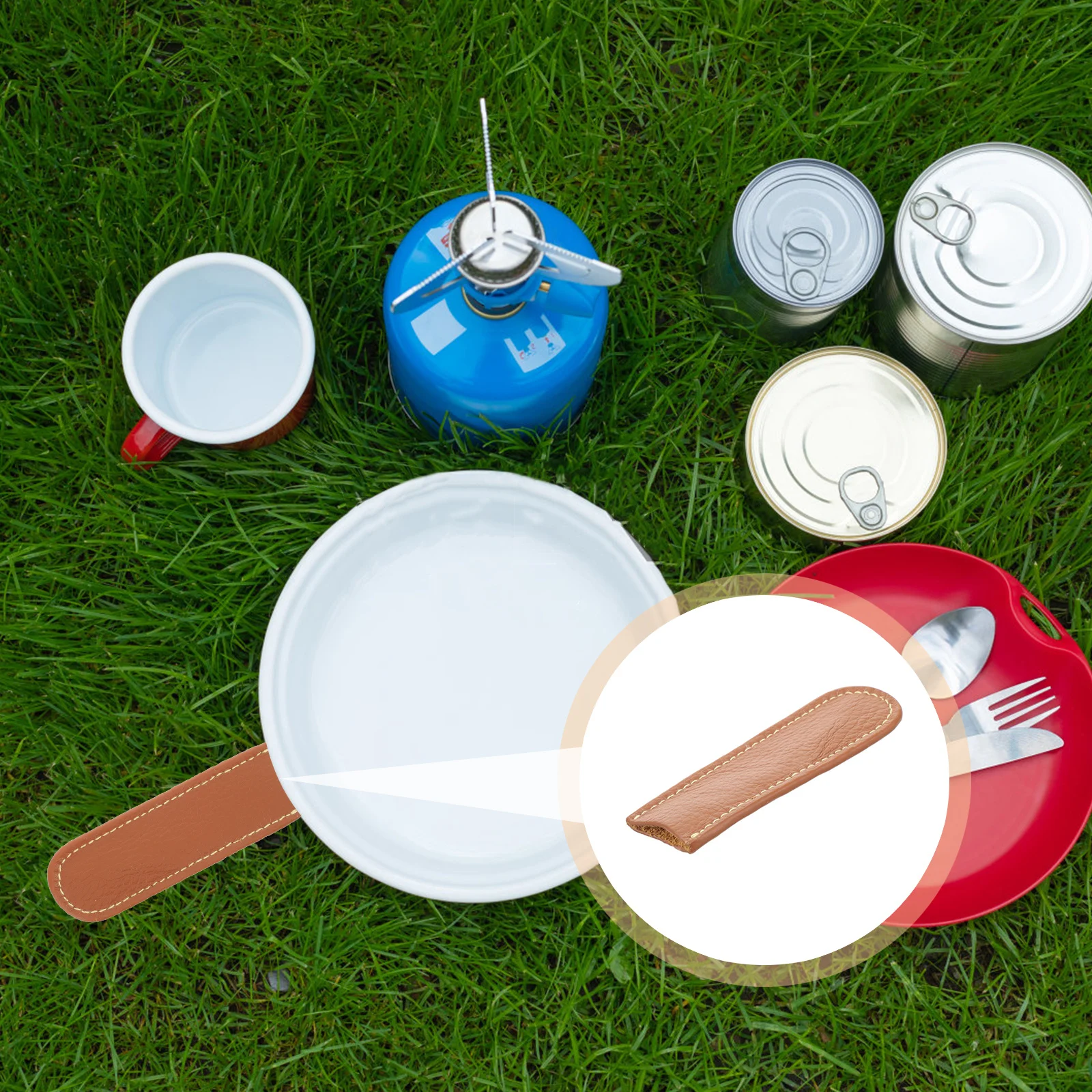 

Camping Bowl Handle Cover Cowhide Heat Resistant Protector for Outdoor Cooking Baking Serving Reusable Grip Sleeve for Mug Pot