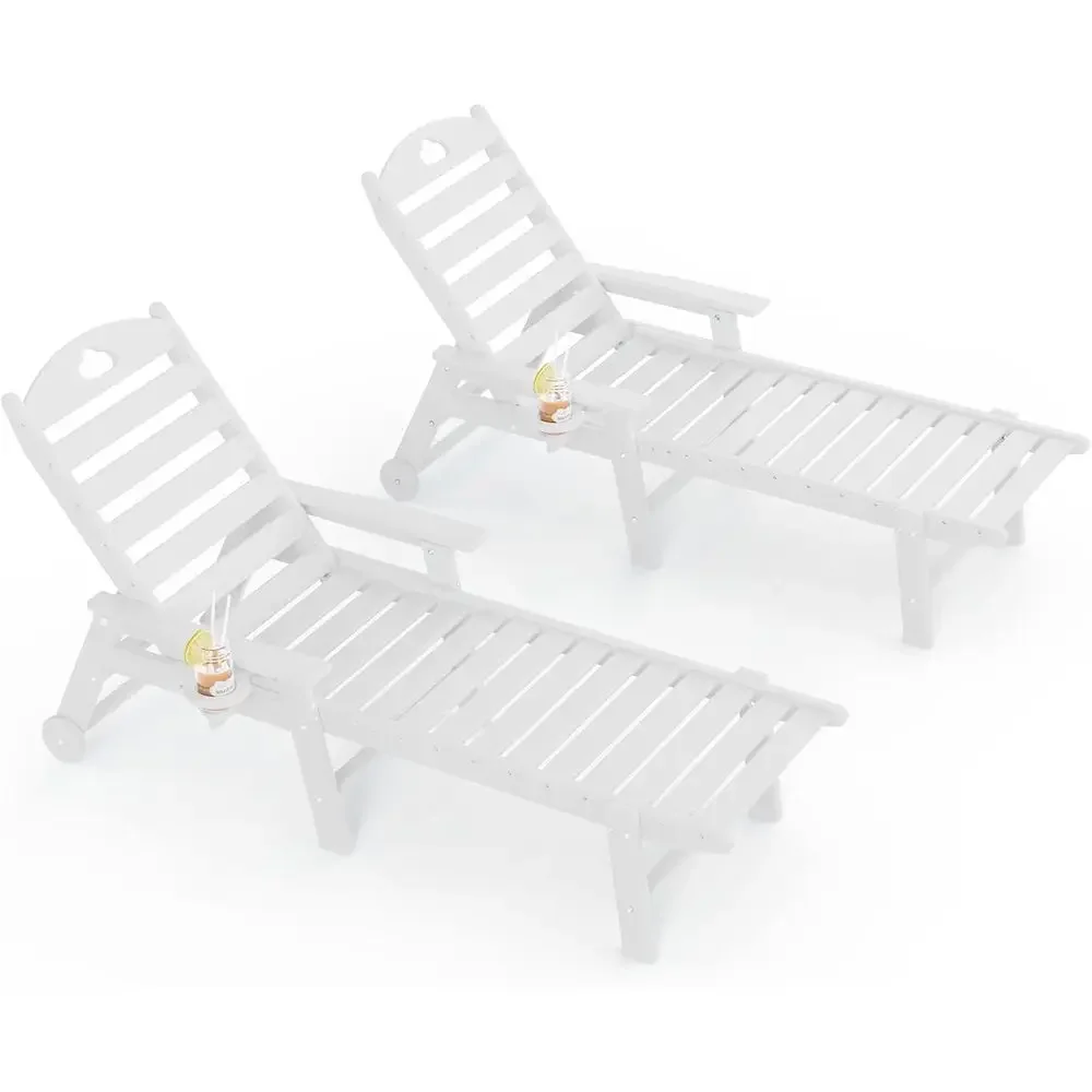 Outdoor Oversized HDPE Chaise Lounge with Wheels and Cupholder, 6-Position Adjustable for Poolside, Patio, Lawn, Garden (White,