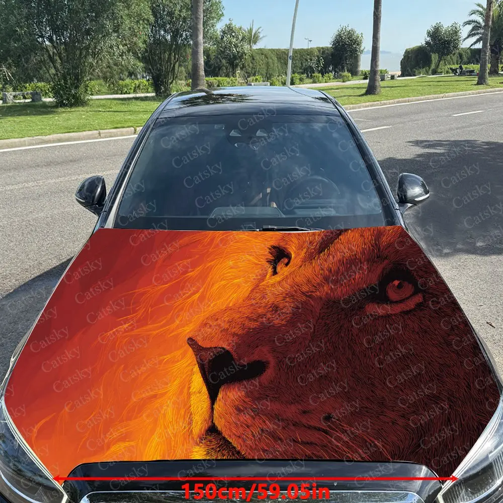 Car Decal Lion with Orange Textural Artistic Fusion Design, Creating a Mysterious and Fiery Visual Car Hood Sticker, Waterproof