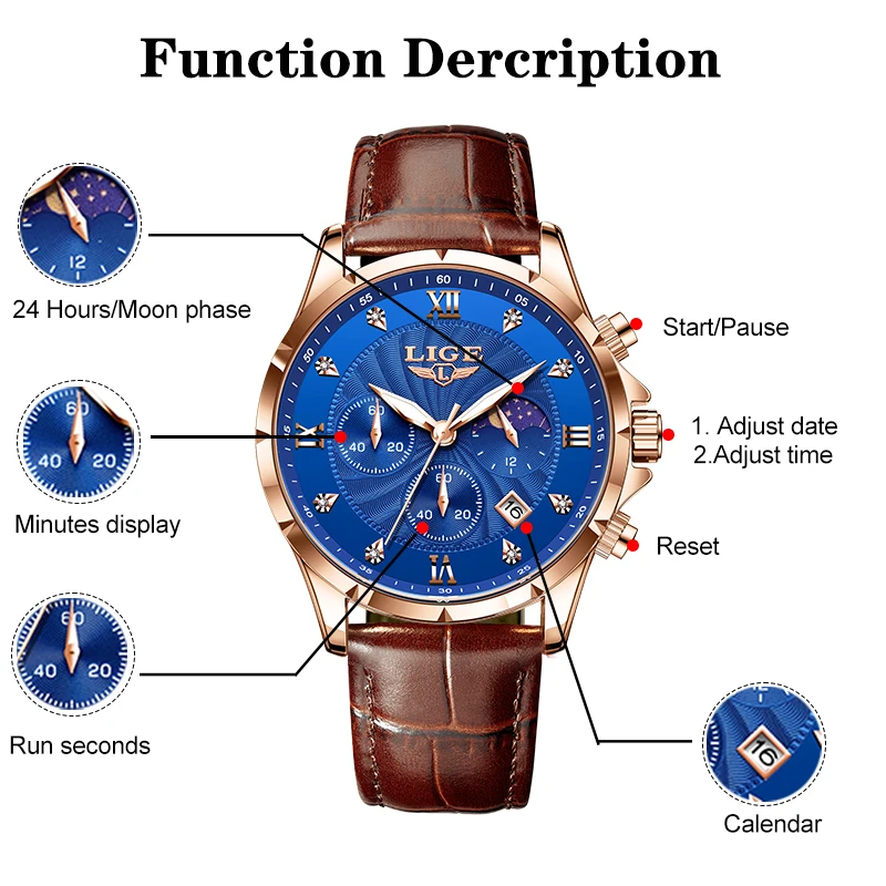 LIGE Fashion Luxury Man Watch Casual Sports Leather Moon Phase Waterproof Luminous Quartz Watches for Men Diamond Business Clock