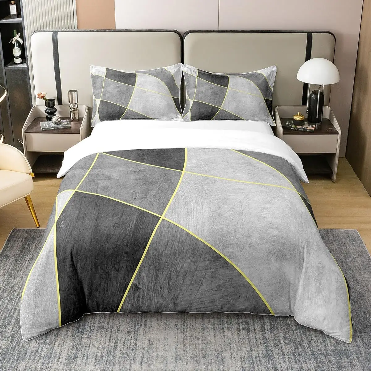 

Modern Geometric Duvet Cover Set Double Size Abstract Gold Lines Bedding Set With 2 Pillowcases Grunge Black Grey