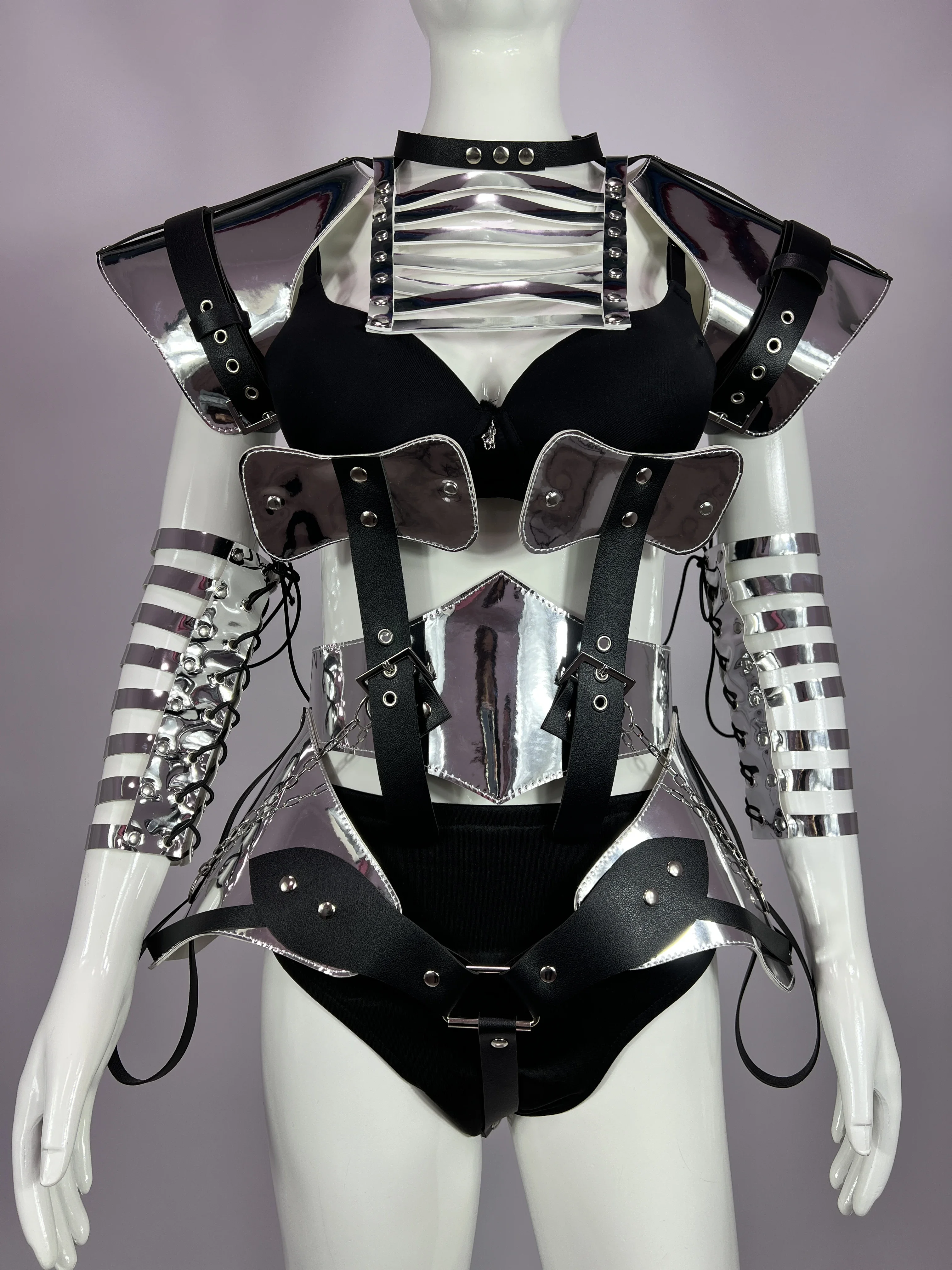 Kombinezon ze sztucznej skóry w kolorze złotym, stylizowany na futurystyczną zbroję, kostium sceniczny dla piosenkarza, tancerza, na karnawał, rave, odzież klubowa, strój dla tancerki VDB6154