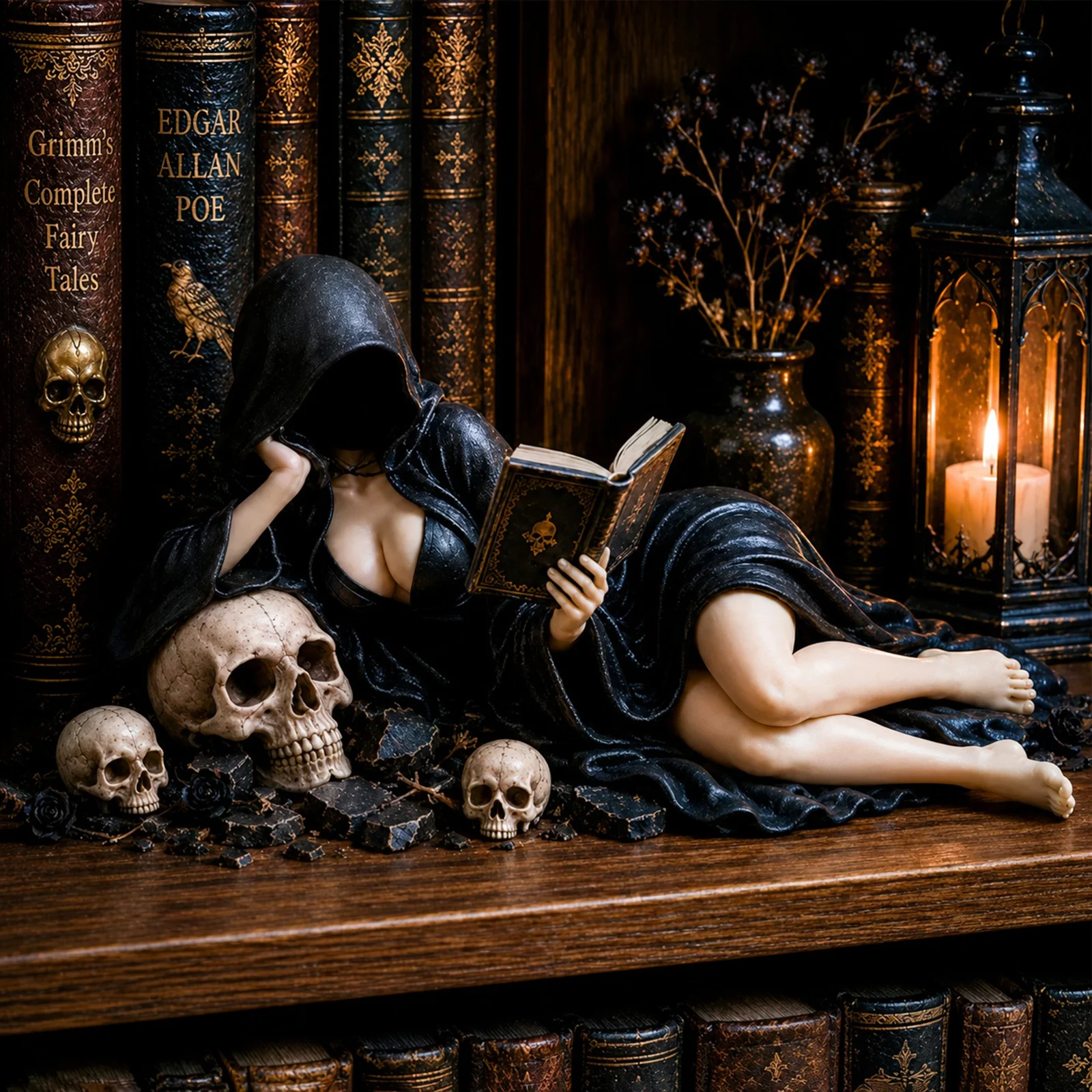 Gothic Dark Fantasy Figure Hooded Resin Grim Reaper Sculpture Fantasy Spooky Robed Figurine Decorative Desk Figure Ornament