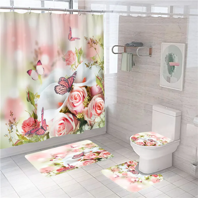 Blue Red Pink Rose Print Shower Curtain with Hooks Bathroom Mat Set Anti-slip Soft Bath Carpet Lover Valentines Home Decoration