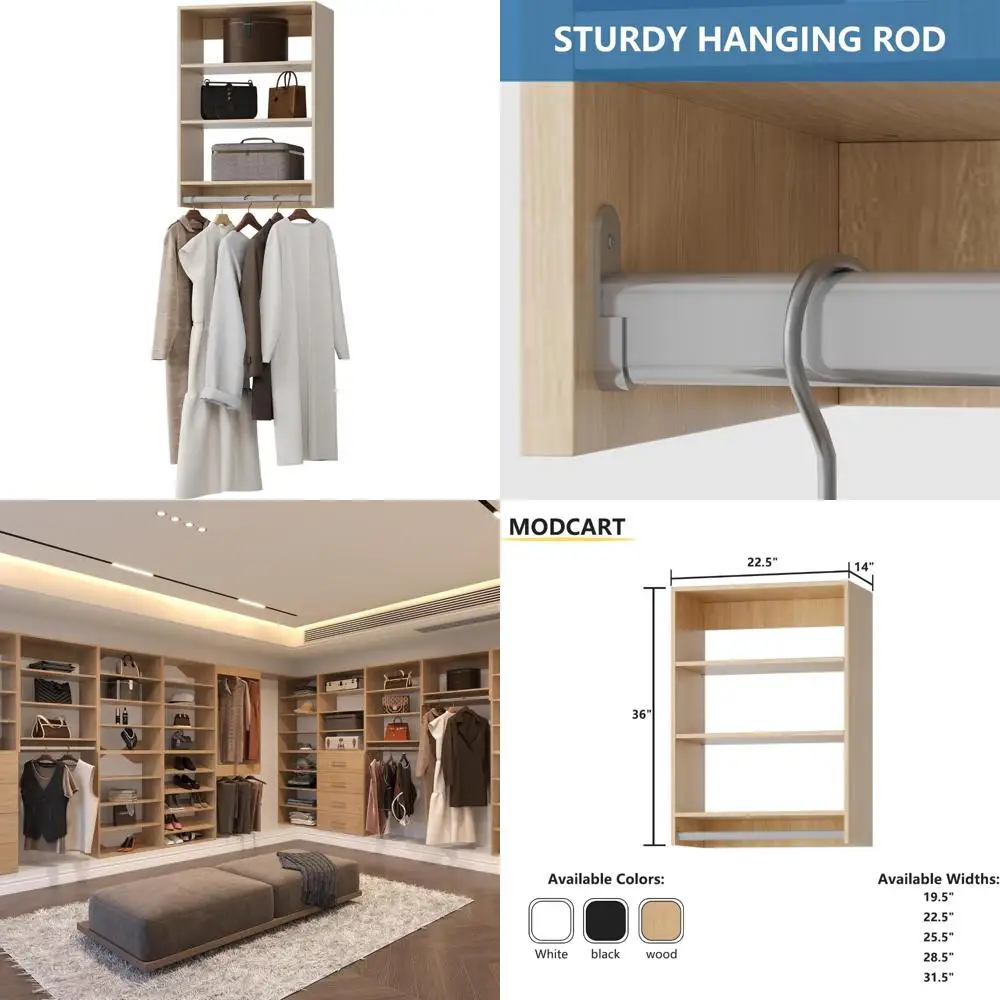 Sistema organizador de armario modular de madera, unidad colgante doble mediana para armarios para caminar, solución de almacenamiento optimizada para ropa