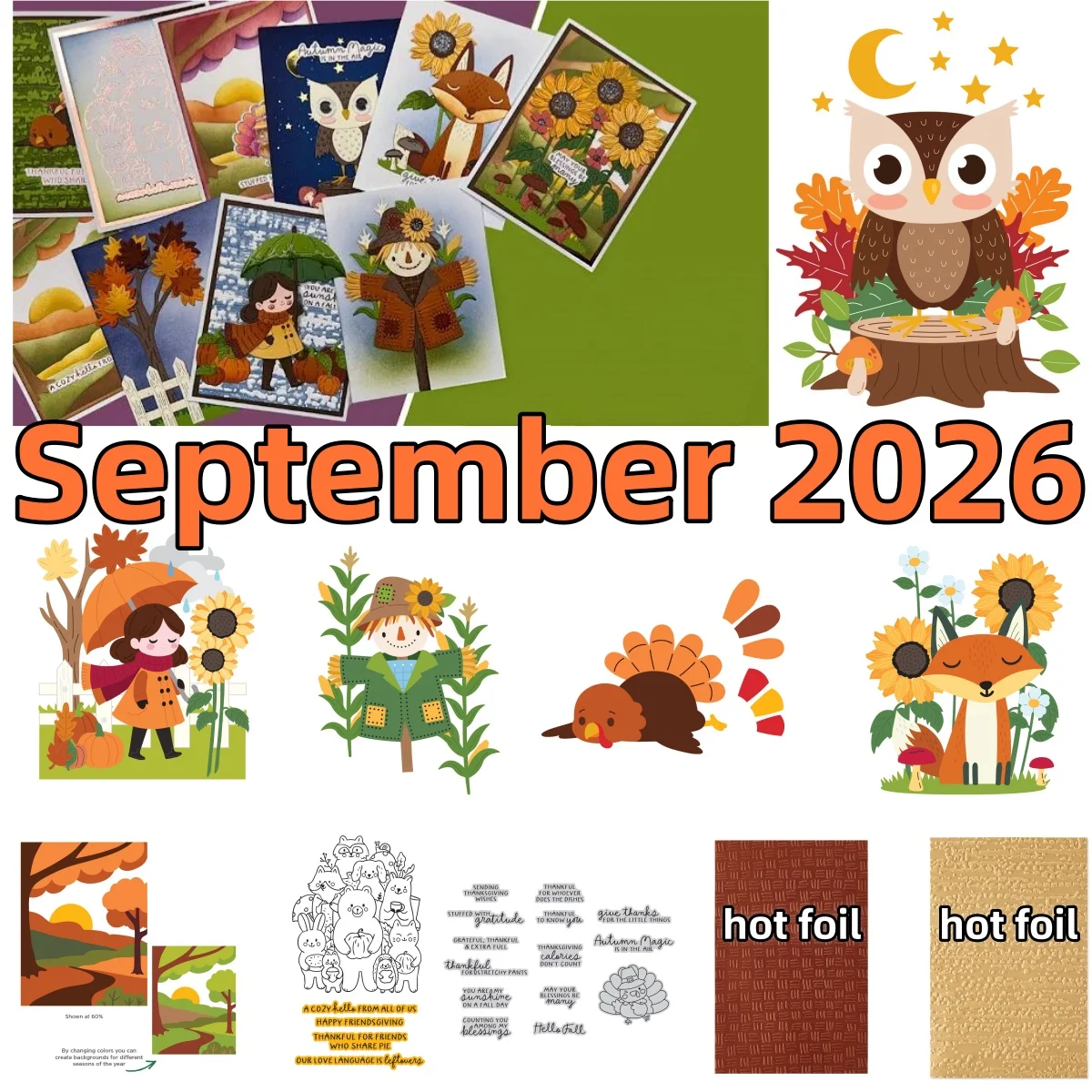 Autumn 2026 Owl Sunflowers Scarecrow Turkey Metal Cutting Dies Clear Stamps Stencil Hot Foil for DIY Making Gift Card Scrapbook