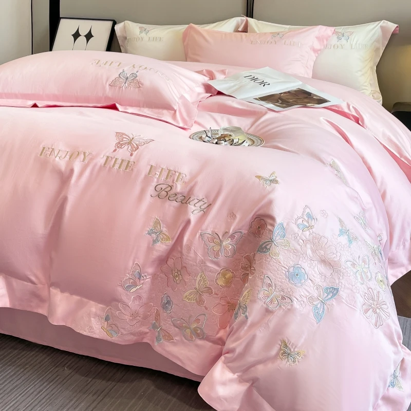 

Pink 100% Cotton Princess Bedding Sets Luxury Butterfly Embroidery Duvet Cover Fitted Bed Sheet Pillowcases Mattress Cover