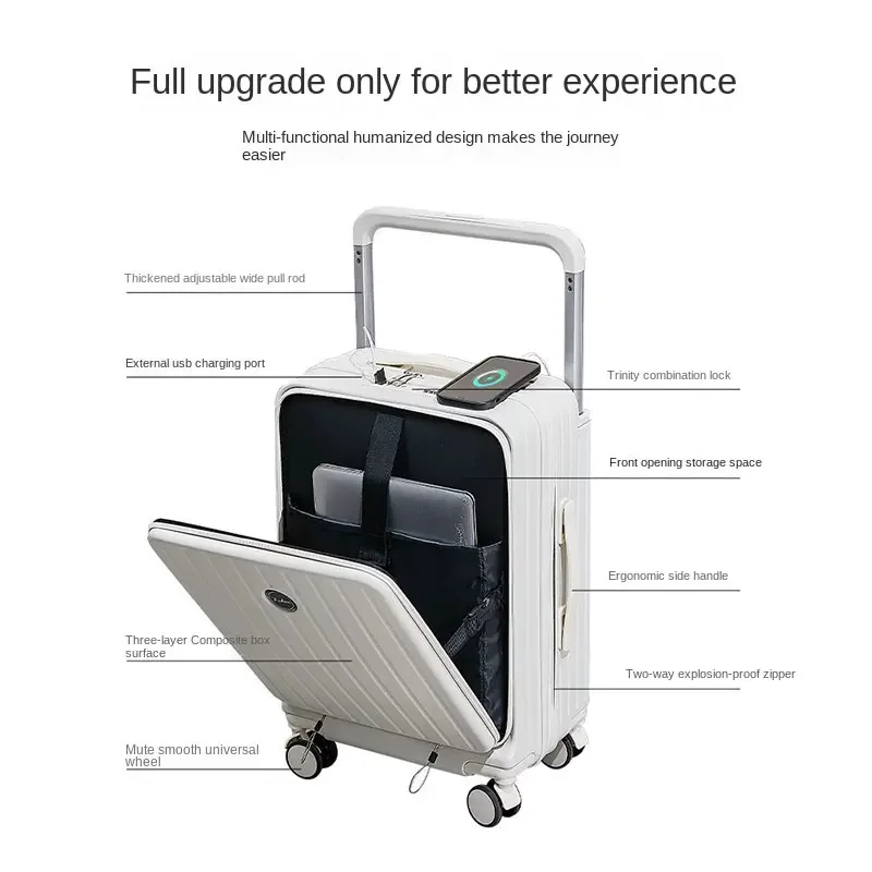 20/22/24/26 Inch Front Opening Wide Trolley Suitcase USB Charging Lightweight Boarding Lock Luggage Hook Silent Universal Roller