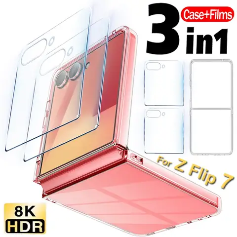 3in1 Case+Films For Samsung Galaxy Z Flip 7 Transparent Case With Tempered Glass for Z Flip 7 Screen Protector Anti-Scratch Kit