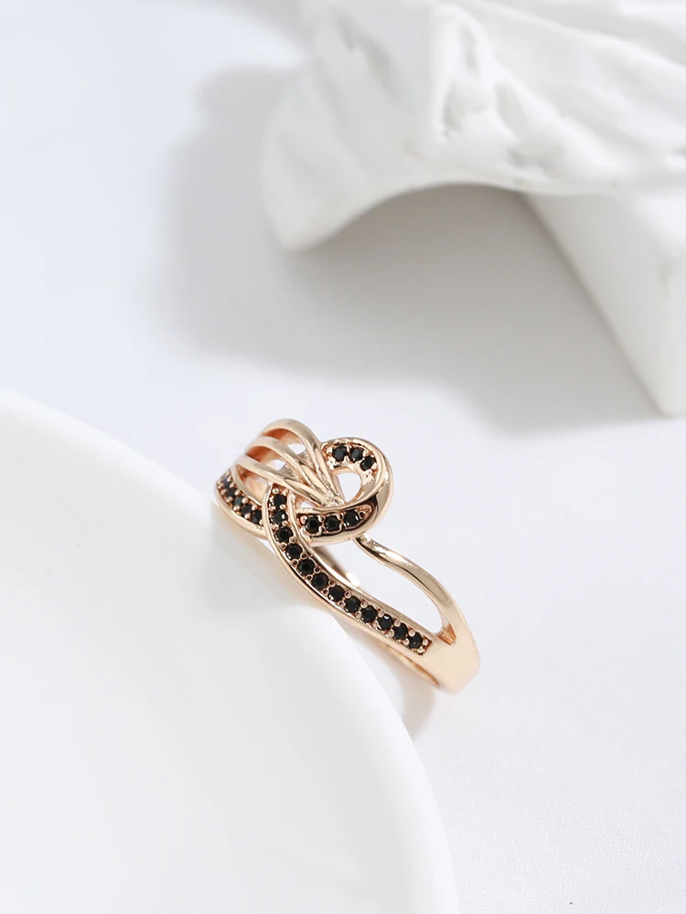 Kinel New 585 Rose Gold With Black Natural Zircon Ring Geometric Line Cross Wedding Rings for Women Fashion Vintage Jewelry