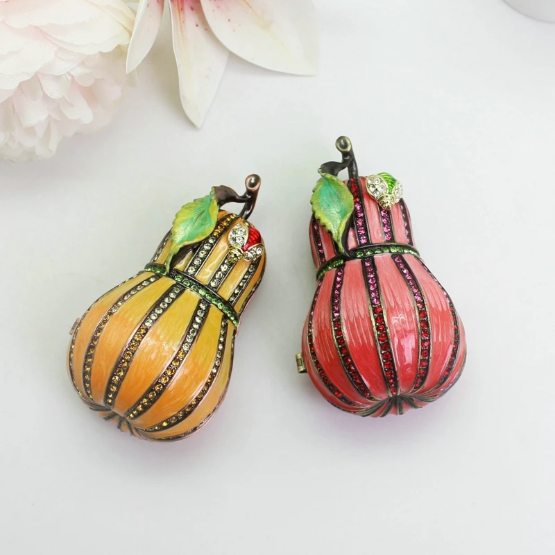 SHINNYGIFTS Bottle Gourd Enamel Trinket Box Hand Painted Hinged Mini Jewelry Storage Box for Display Home Decoration Unique Gift