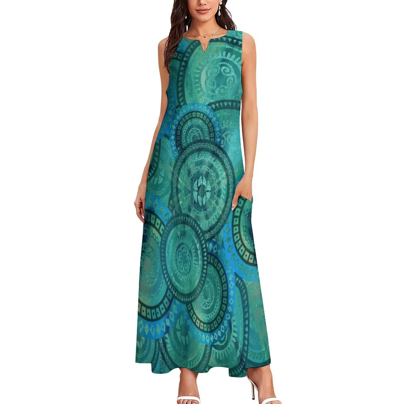 Gentle Teal and blue Circular Tribal pattern Long Dress summer dresses clothing women summer 2025