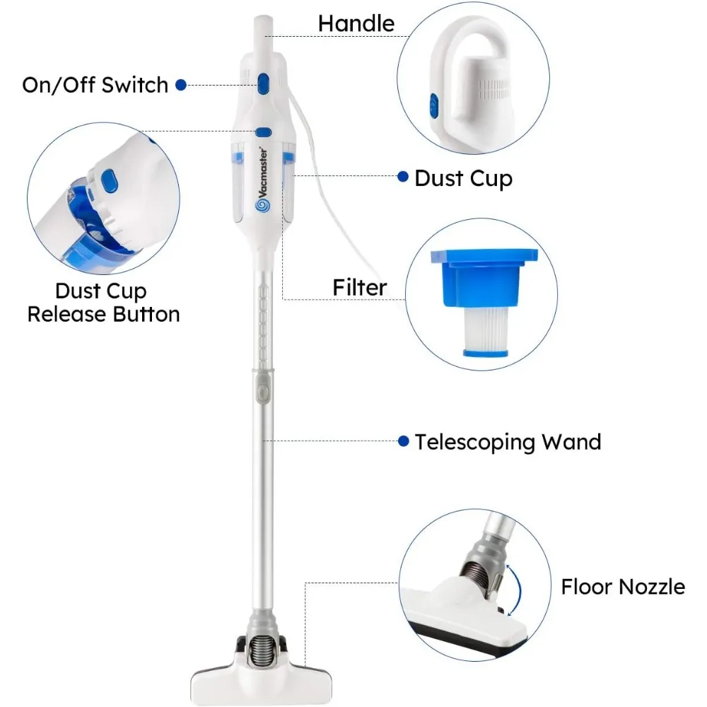 Corded Stick Vacuum Cleaner 2 in 1 Ultra-Lightweight 14Kpa Power Suction Handheld Vacuum Cleaner with Washable HEPA, White