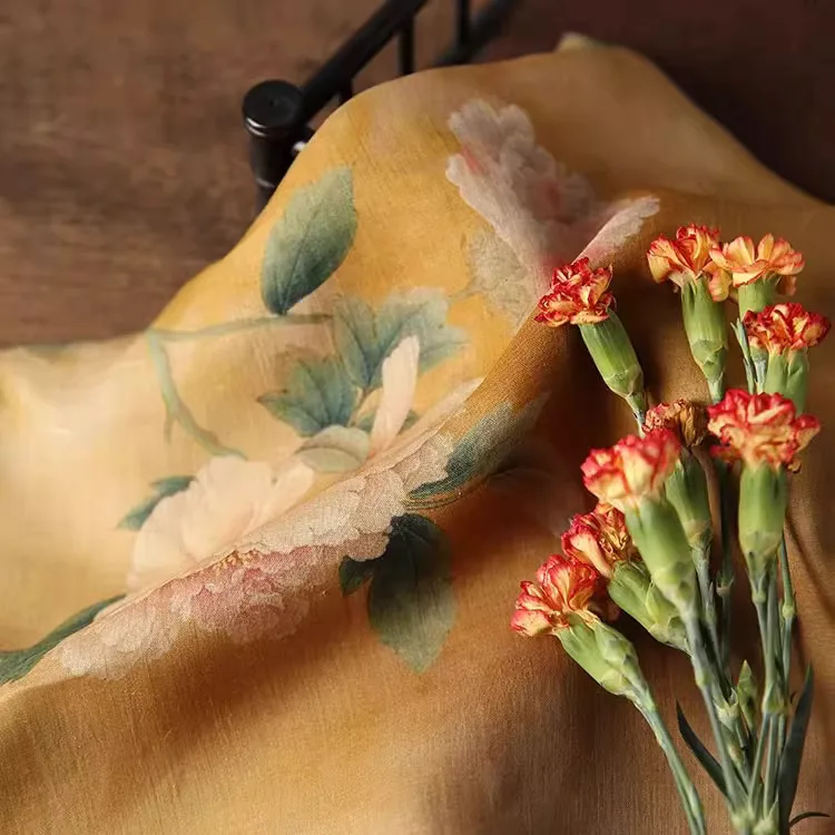 

1yard Peony print ramie fabric Shirt skirt cheongsam fabric for sewing