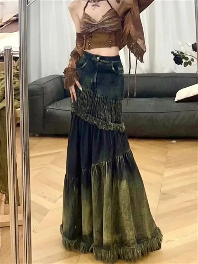 American Heavy Denim Fishtail Skirts Y2k E-Girl High Waist Bodycon Skirt for Women 2024 Spring New Mid-length Faldas Mujer