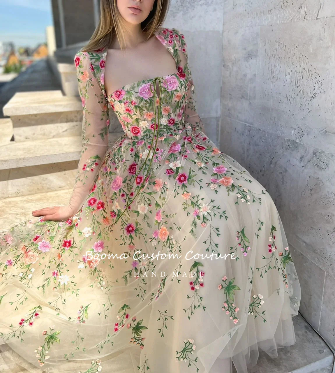 Booma Floral Embroidery Lace Midi Prom Dresses Queen Anne Long Sleeves Tea-Length A-Line Wedding Party Dresses Open Back