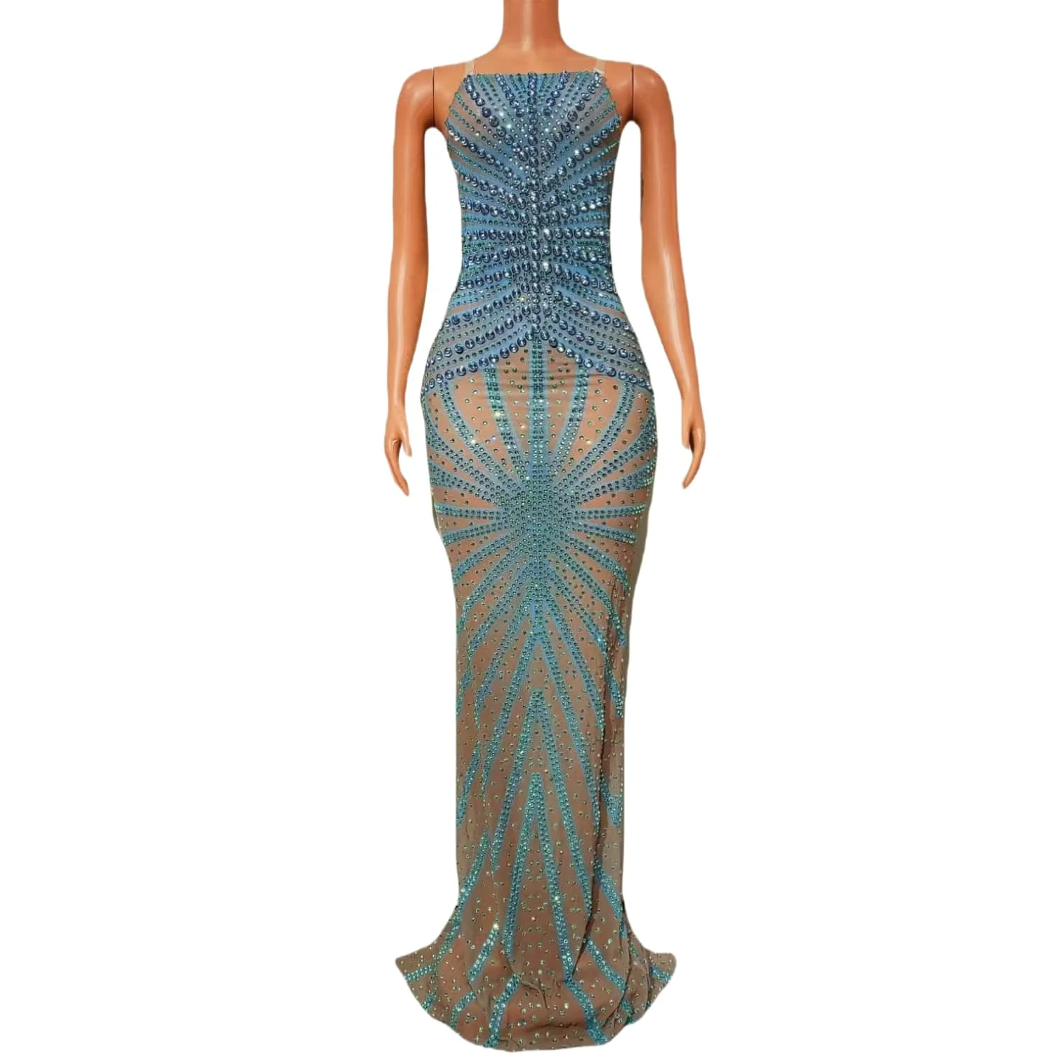 

Sexy Stage Shining Blue Full Rhinestones Nightclub Evening Celebrate Dress Dancer Show Stage Costume Prom Party Dance Dress Xihe