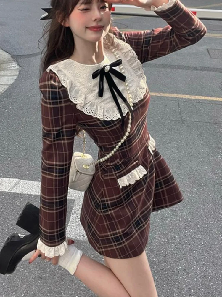 

Deeptown Korean Preppy Style Mini Plaid Dress Women Vintage One Piece Dresses Y2k Jk Uniform Long Sleeve Tunic Princess Vestidos