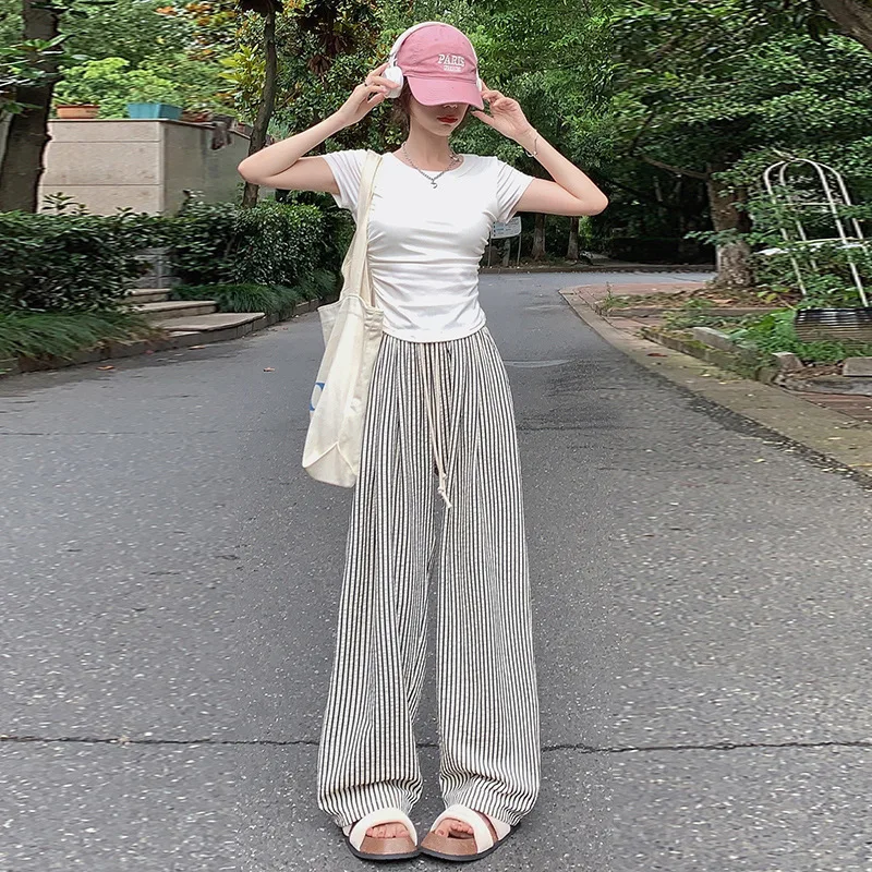 XIZOU Trendy Lazy Sle Striped Drapey Casual Pants Women High Waist Versatile Thin Straight Long Summer Pants Commute Wide Leg