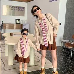 Mom and Son Matching Shirts with Tie Mother Daughter Long Sleeve Blouse Korea Fashion Mommy Baby Boy Clothing Children Clothes