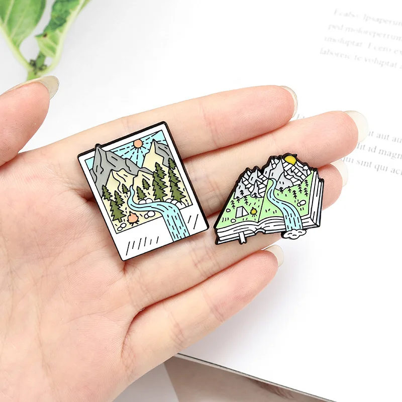 travel Mountain river book Outdoor scenery Pins Badge Decoration Brooches Metal Badges For Clothes Backpack jewelry accessories