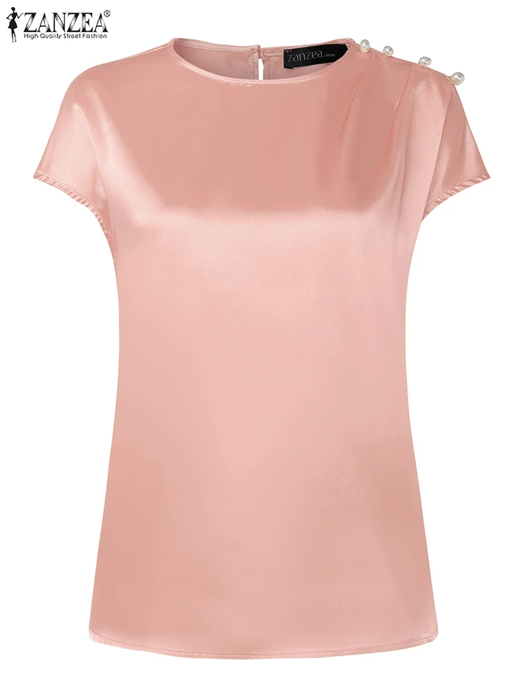 ZANZEA ผู้หญิงไข่มุกรายละเอียดซาตินเสื้อแฟชั่นฤดูร้อนรอบคอหมวกแขนจีบ Elegant Chemises Streetwear Blusas Mujer