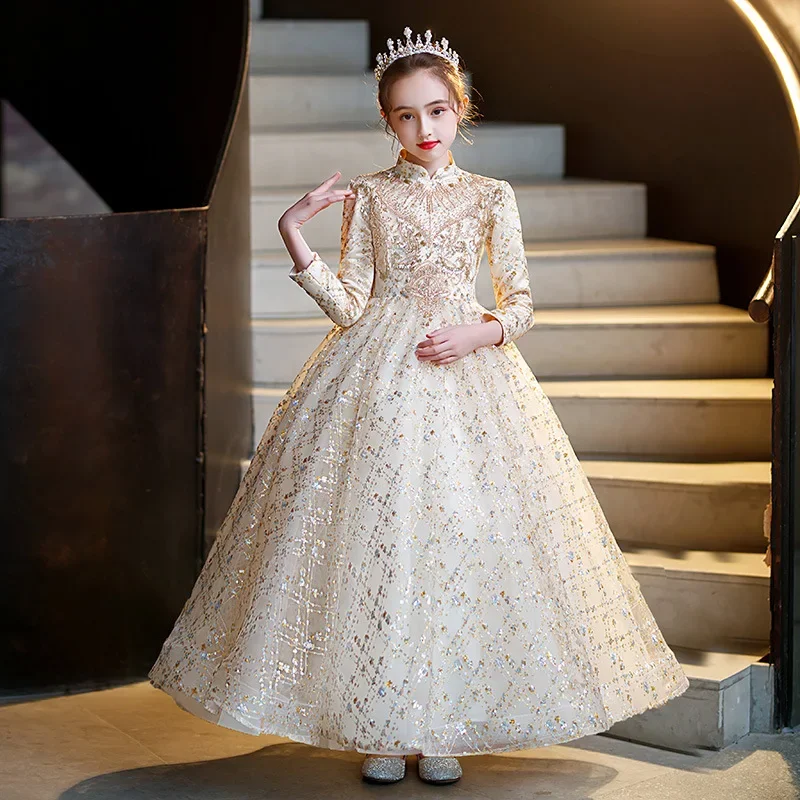 Elegant Princess Golden Lace Dress Kids Flower Girl Dresses For Girls Vintage Children Dress for Christmas Party Long Ball Gown