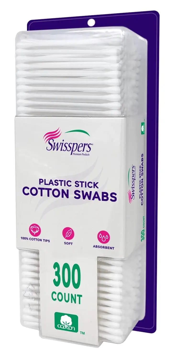 

Cotton Swabs, 100% Cotton Double-Tipped, White Plastic Sticks, 300 Count Package