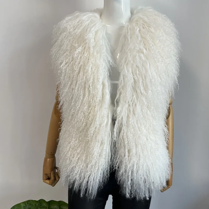 BEIZIRU Women's Fluffy Luxury Real Mongolian Fur Halter Vest Sleeveless Deep V-Neck Solid Top Outerwear