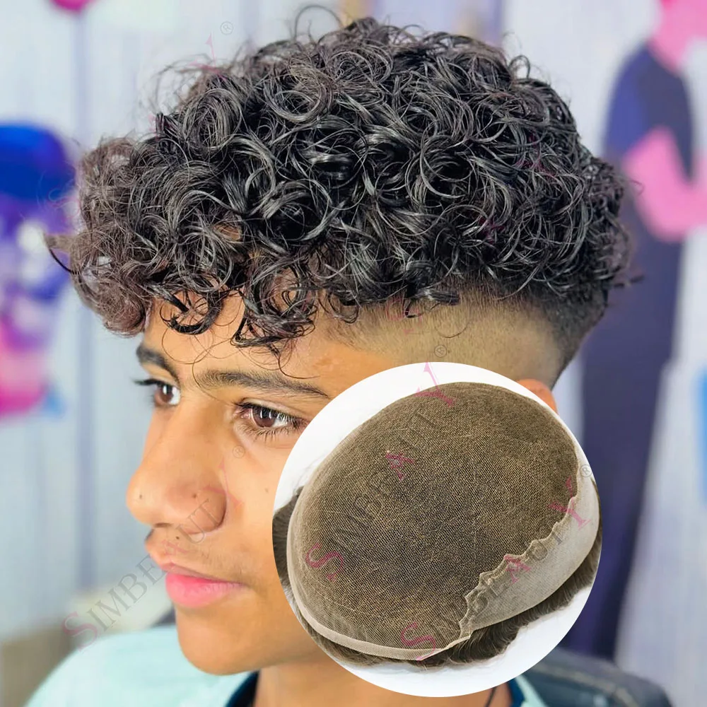 25 مللي متر مجعد غير قابل للاكتشاف شقراء الرجال التبييض عقدة شعري طبيعي الشعر المستعار شعر الإنسان الدانتيل و بولي Hair فقدان الشعر التصحيح الشعرية الاصطناعية #2