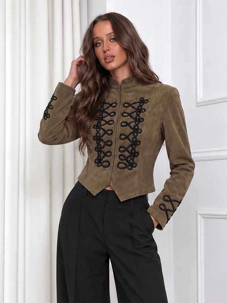 HH Women Vintage Olive Green Military Style Cropped Jacket Knot Button Decor Stand Collar Spring Autumn Fashion Party Outerwear