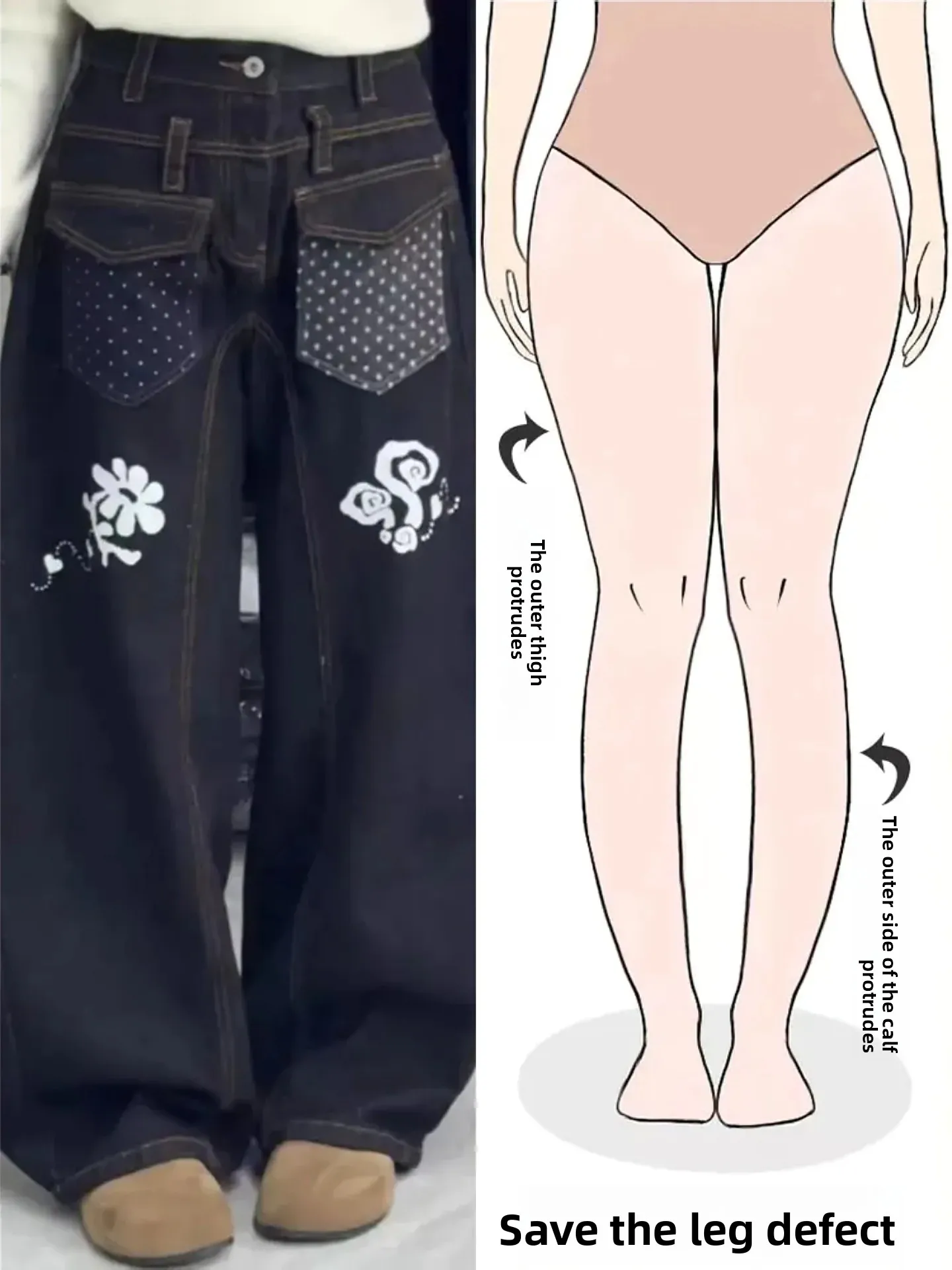 

Retro American Pocket Splicing Denim Pants Women Spring New Street Polka Dot Design Sense Bend Knife Pants Casual High Waist