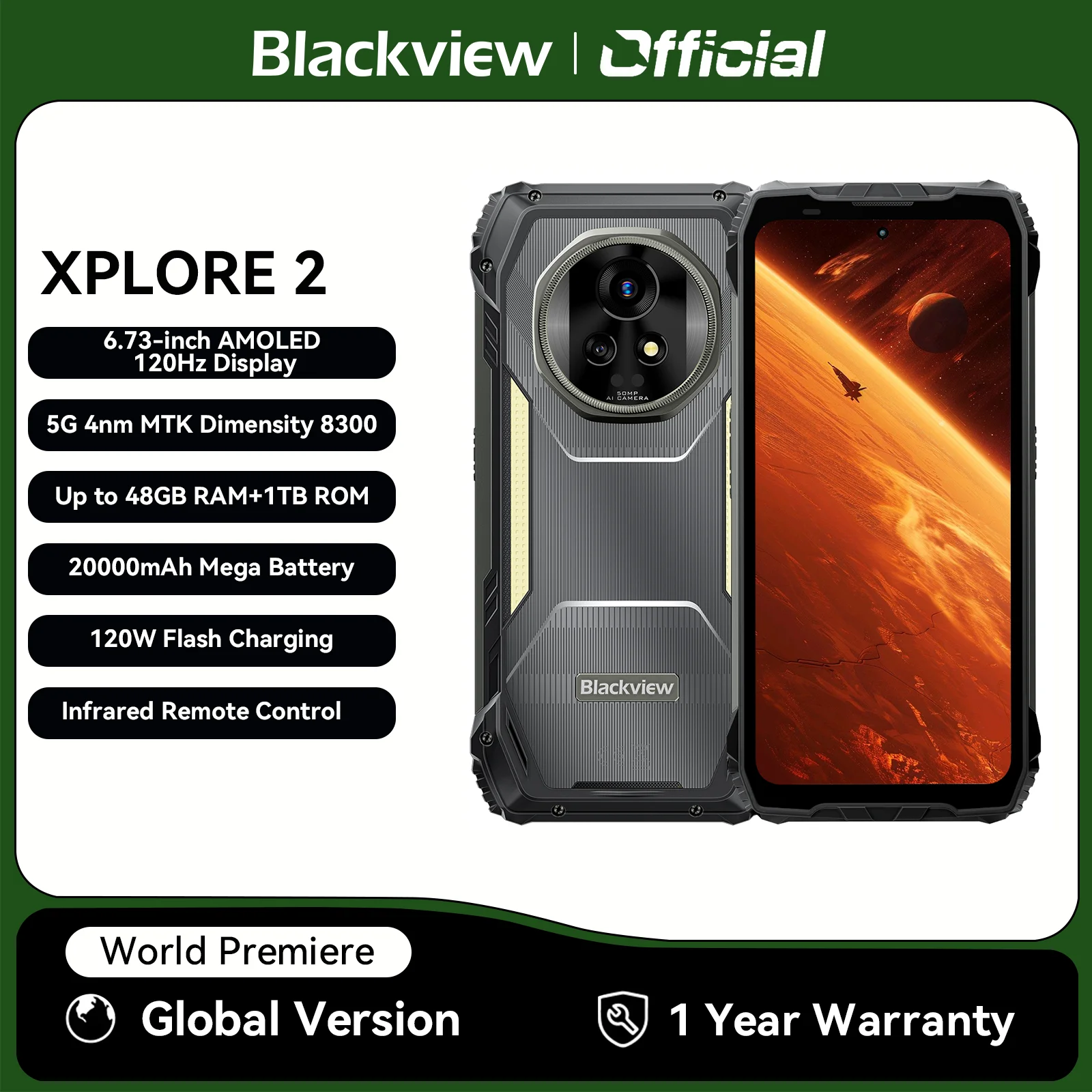 Blackview XPLORE 2 Smartphone resistente 5G, pantalla AMOLED de 6,73 pulgadas, batería de 20000mAh, carga rápida de 120W, cámara de 50MP, teléfono móvil para exteriores