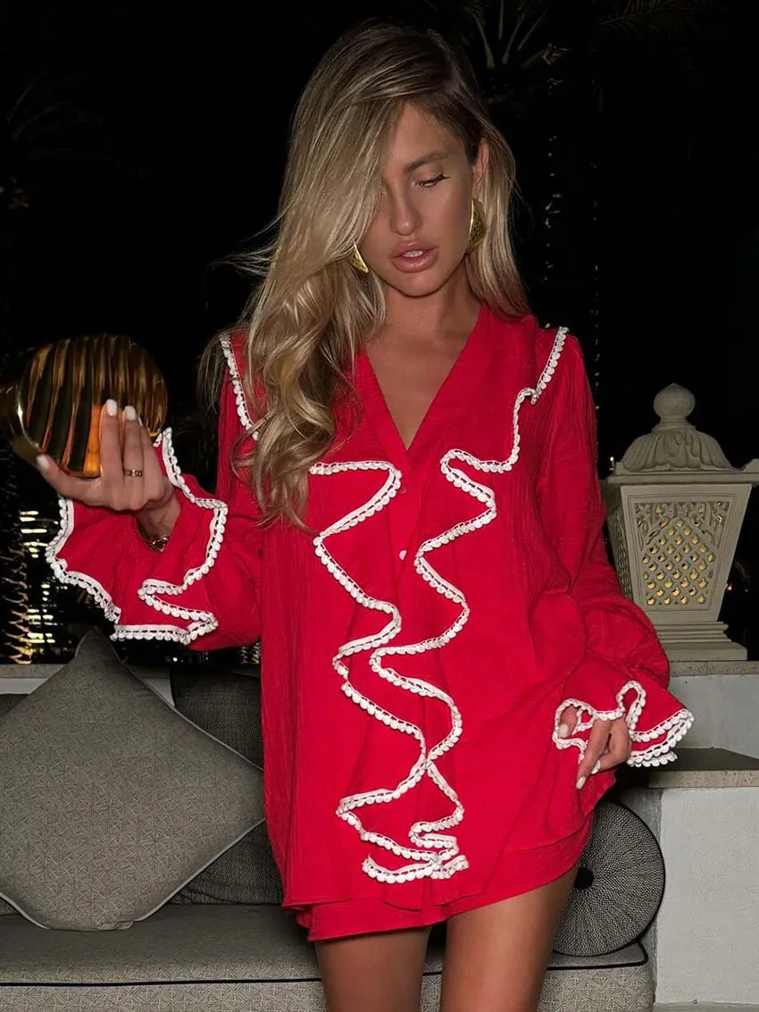 Oymimi Eleagnt Red Cotton 2 Piece Sets Woman Outfits Fashion Long Sleeve Lace Ruffled Button Shirts And High Waisted Shorts Sets