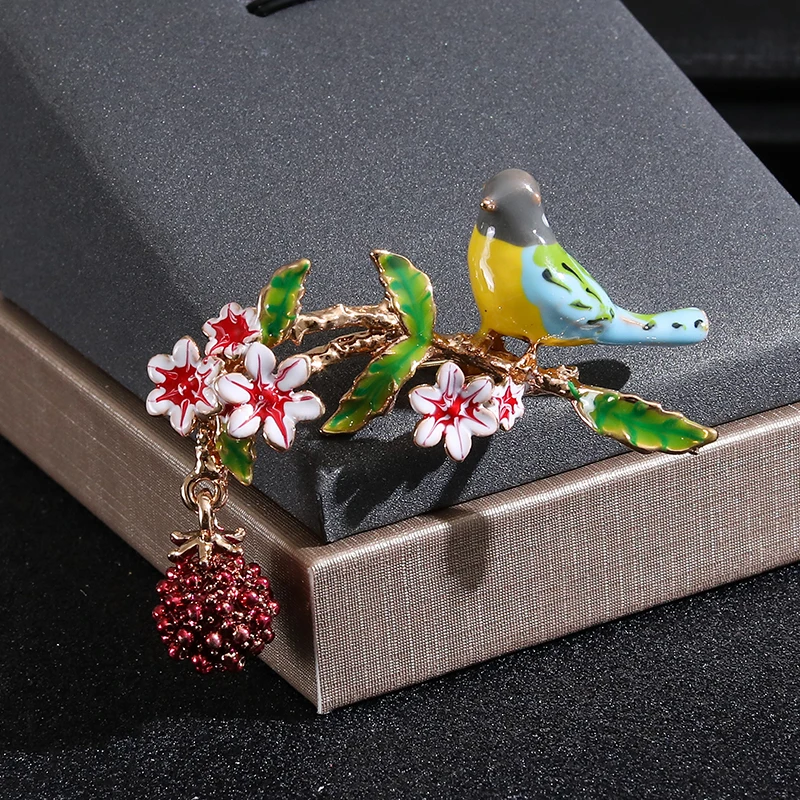 Blue Enamel Bird On Small Flower Branch Women Brooch Pin Jewelry Gift