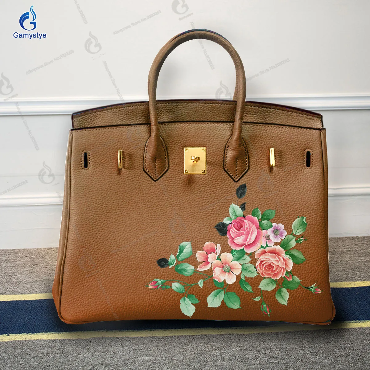 

Art Print Multi colored flowers Customize Totes Really Leather Cowhide Women Bag Messenger Crossbody Handbags Gold Lock Hardware