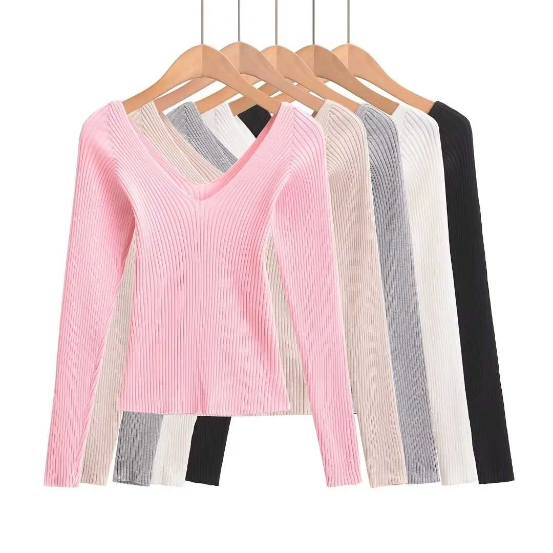 

Pink Double-Sided Wear V-Ne oulder Bared Knitted Sweater Long Sve Bone Exposure Pullover Commute Sle ort Length
