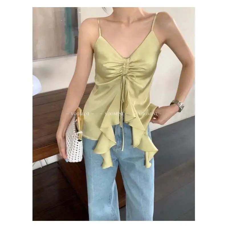 Women's Camisole Base Layer V Neck Sleeveless Acetate Satin Women Summer Casual Outerwear Ruffle Drawstring Lace Trim Elegant