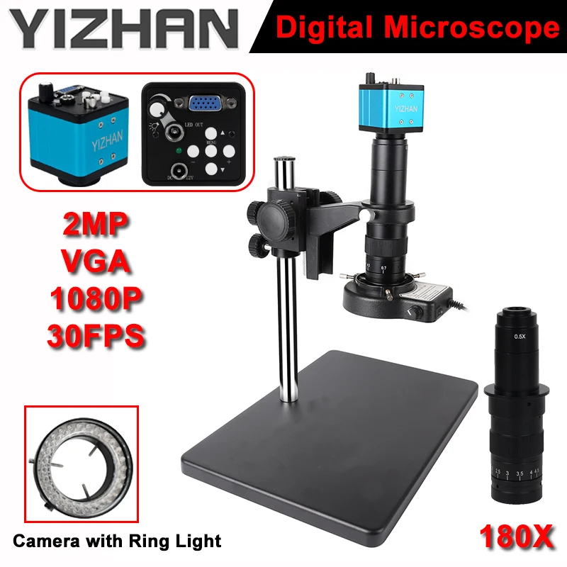 YIZHAN 180X C-Mount Zoom Lens 1080P 30FPS 2MP VGA Camera Electronic Digital Microscope With Ring Light Stand Micro Scope Repair