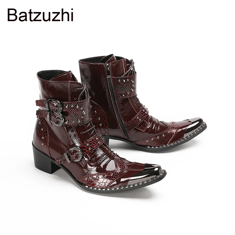 

Batzuzhi Wine Red Leather Ankle Boots Man Punk Men's Boots Shoes Iron Toe Lace-up with 6.5cm Heels Motorcycle Rock Boots Man!
