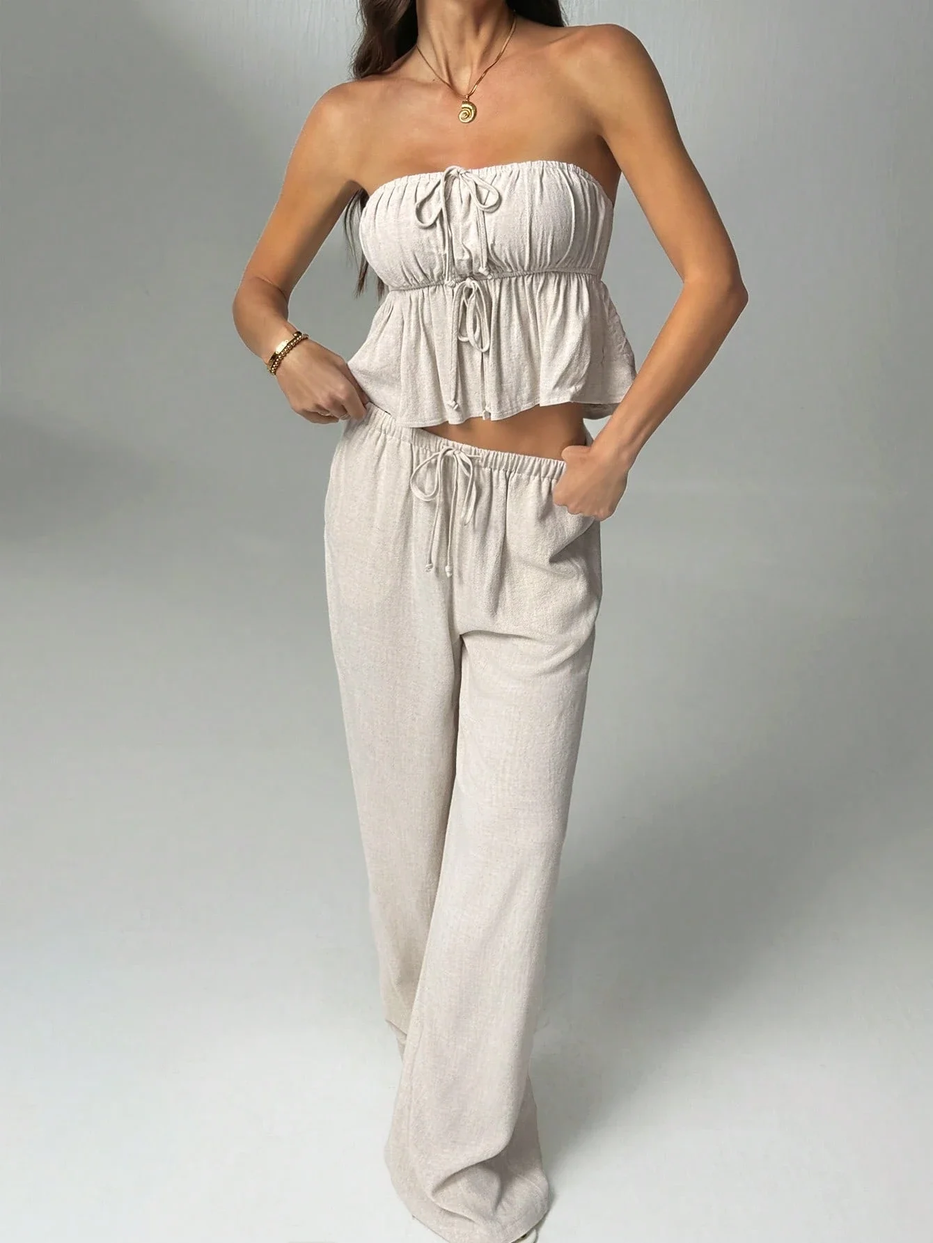 

Casual Solid Color Strapless Peplum Top And Wide Leg Pants Set
