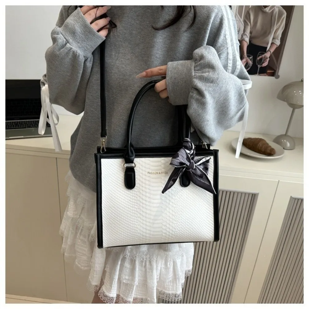 Casual PU Leather Shoulder Bag With Silk Scarf Decor Large Capacity Small Square Bag Women Handbag Women