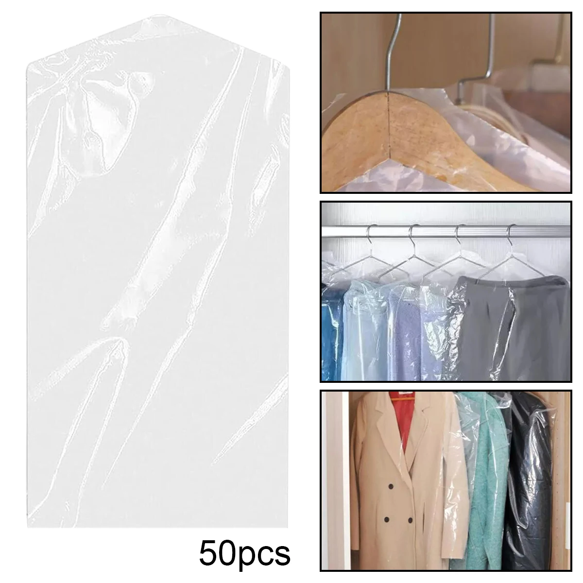 

50 Pcs Plastic Clothes Covers Garment Dry Cleaning Bag Dust Hanging Pocket 100*60*0.2cm Storage White Wardrobe Dustproof Child