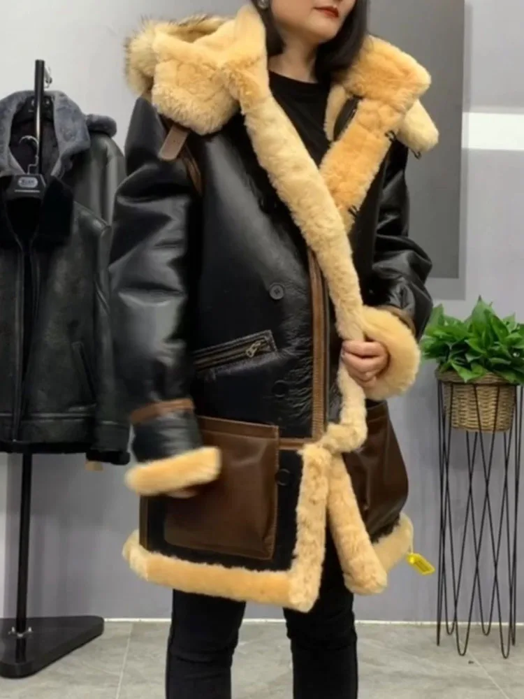 2025 Winter Fashion Men and Women Clothes Natural Sheepskin Shearling Coat Long Jacket with Real Fur Hoodie Wool Liner XXXXXXXL