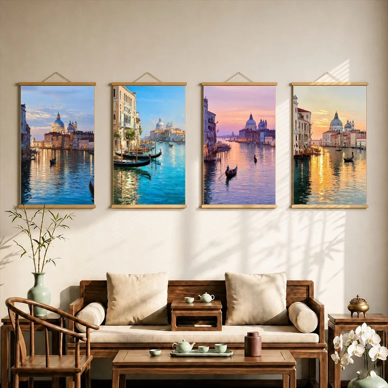 Wall Decorations Venice Canal at Golden Sunset, Impressionist Travel Pearlescent Canvas Hanging Scroll Decor for Boutique Hotel