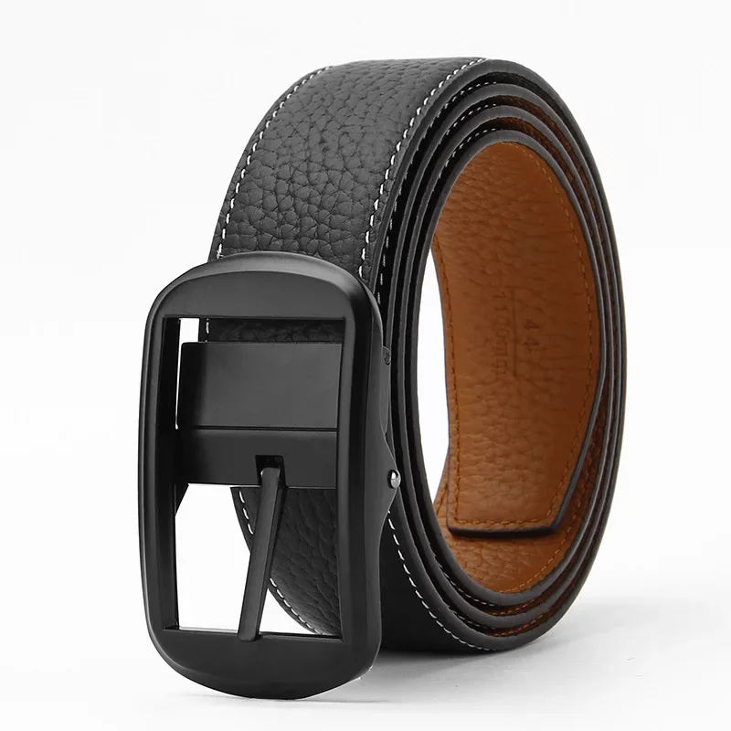 Litchi Grain Pin Buckle Belt Men's Head Layer Genuine Cowhide Fashion Leisure Belt Alloy Square Buckle Versatile Belt