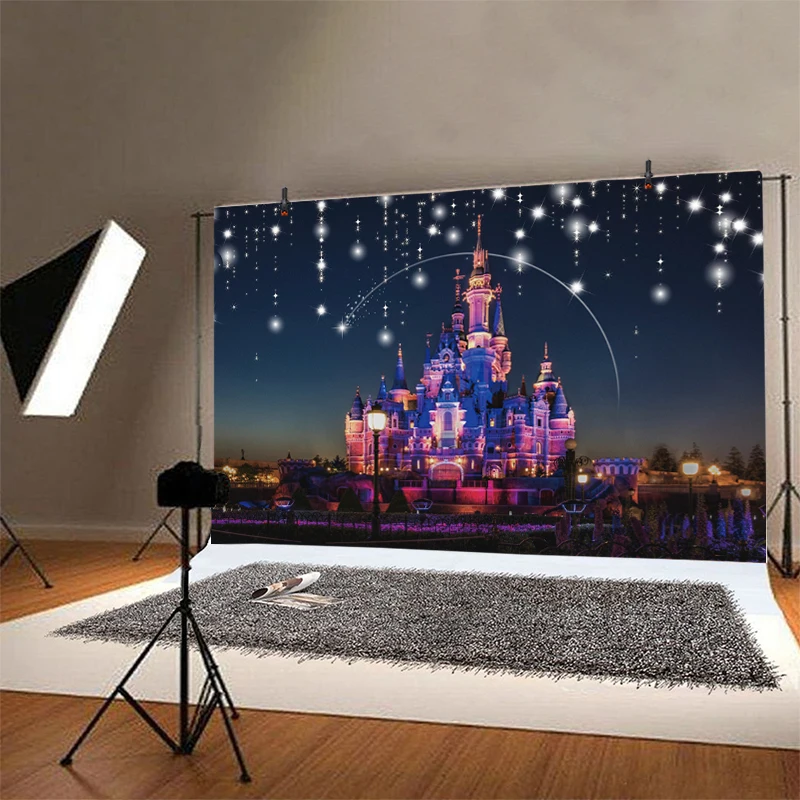 Disney Princess Castle Backdrop Kids Birthday Party Dreamy Glitters Night Scene Photo Background Cloth Decorations Banner Props